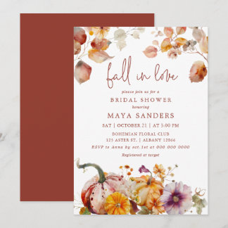 Fall in Love Botanical Pumpkins Bridal Shower Invitation