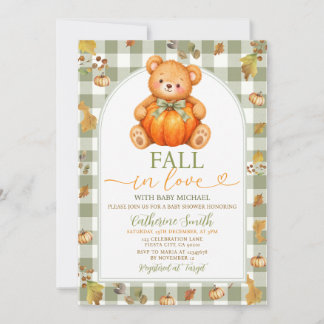 Fall in Love Bow Bear Pumpkin Baby Shower  Invitation