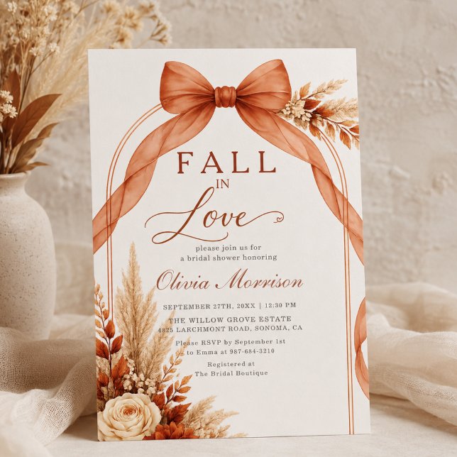 Fall in Love Bow Burnt Orange Rust Bridal Shower Invitation (Creator Uploaded)