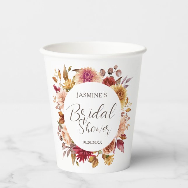 Fall in Love Bridal Shower | Bloom Floral Autumn  Paper Cups (Front)