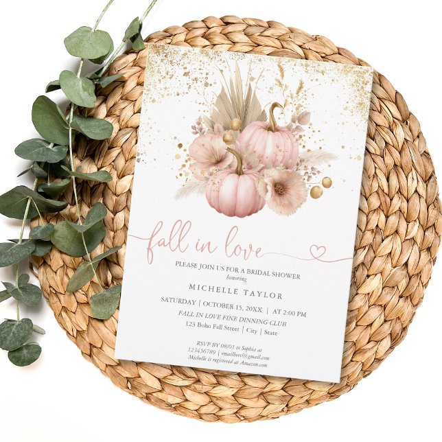 Fall in Love Bridal Shower Boho Flowers Pumpkin Invitation (blush pink boho pumpkin with gold glitter)