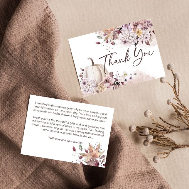 Fall in love bridal shower boho pumpkin thank you (Fall in love boho pumpkin autumn themed bridal shower thank you card watercolor pastel dahlia )
