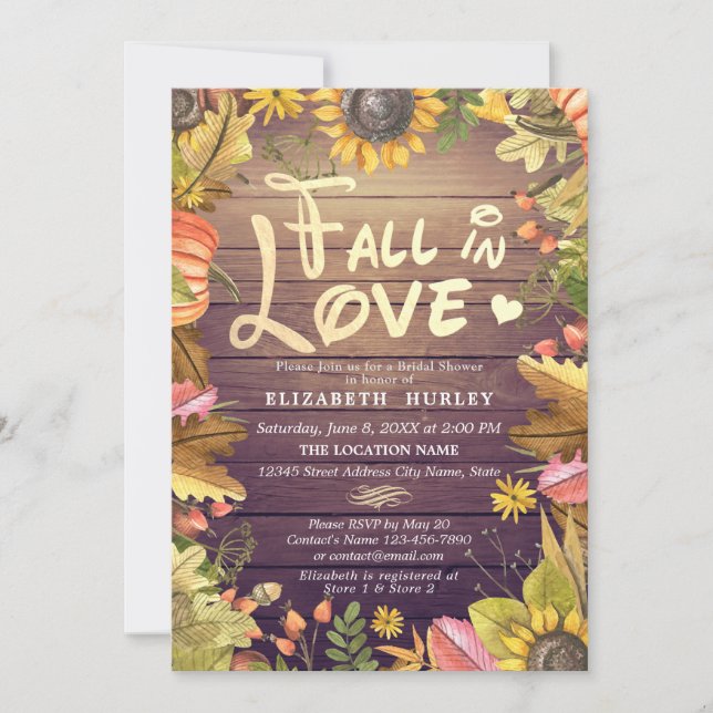 Fall in love Bridal Shower Maple Sunflower Wood Invitation (Front)