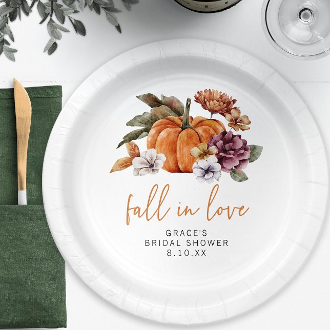 Fall In Love Bridal Shower Paper Plates (Fall In Love Watercolor Burnt Orange Bridal Shower Paper Plates by Painted Paperie)