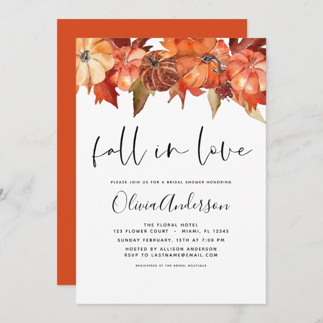 Fall in Love Bridal Shower Pumpkins Burnt Orange Invitation (Front/Back)
