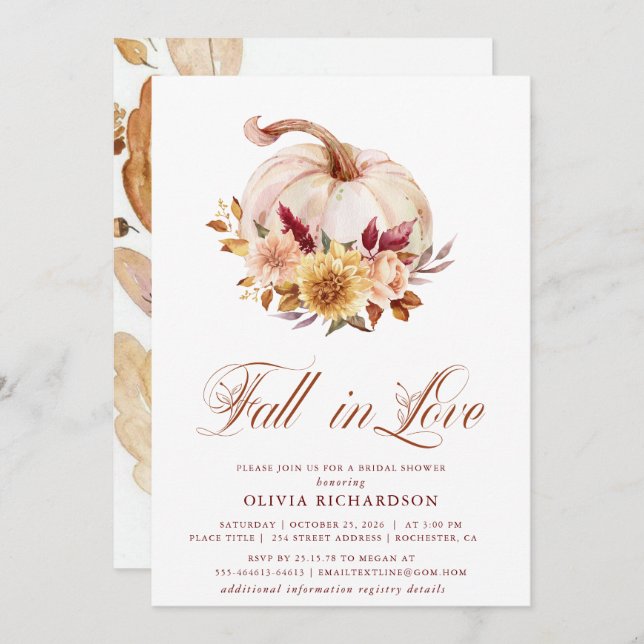 Fall in Love Bridal Shower Rust Flowers Pumpkin Invitation (Front/Back)
