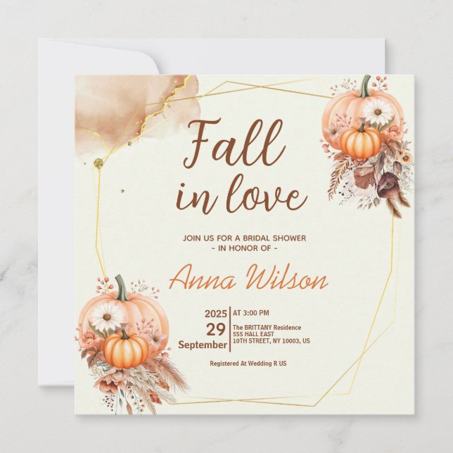 Fall in Love Bridal Shower Rustic Pumpkin Pampas Invitation (Front)