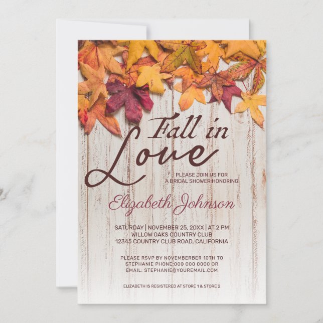 Fall in Love Bridal Shower Wood Autumn Leaves Invitation (Front)