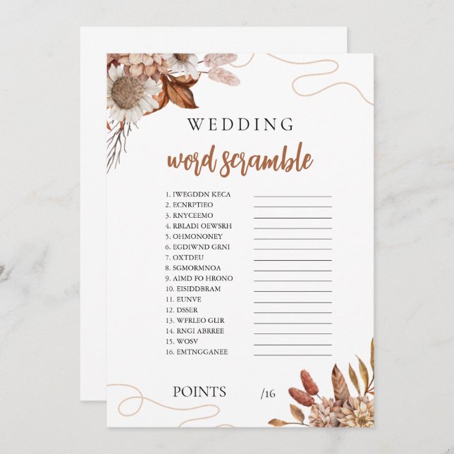 Fall in love | Bridal Shower Word Scramble Game  Invitation (Front/Back)