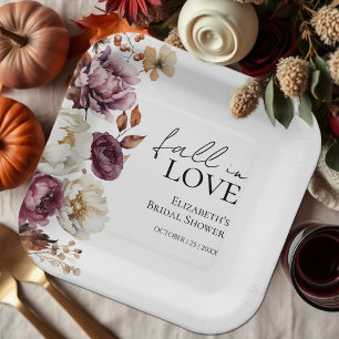 Fall In Love Burgundy Autumn Bridal Shower Paper Plate