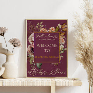 Fall in Love Burgundy Autumn Elegance with Floral Poster