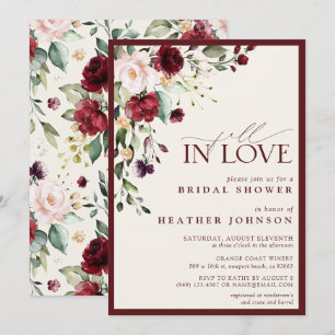 Fall in Love Burgundy  Ecru Floral Bridal Shower Invitation