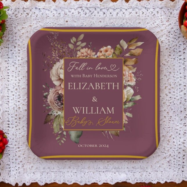 Fall In Love Burgundy Fall Floral  Paper Plate (Creator Uploaded)