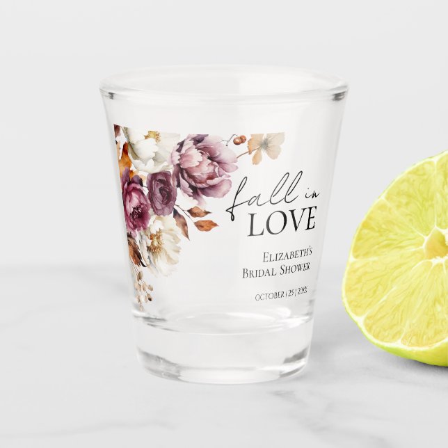 Fall In Love Burgundy Floral Autumn Bridal Shower Shot Glass (Front)