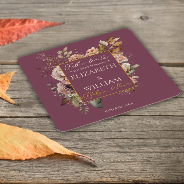 Fall In Love Burgundy Floral Baby Shower Square Paper Coaster (Creator Uploaded)