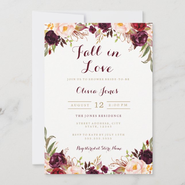 Fall in Love Burgundy Floral Bridal Shower Card (Front)