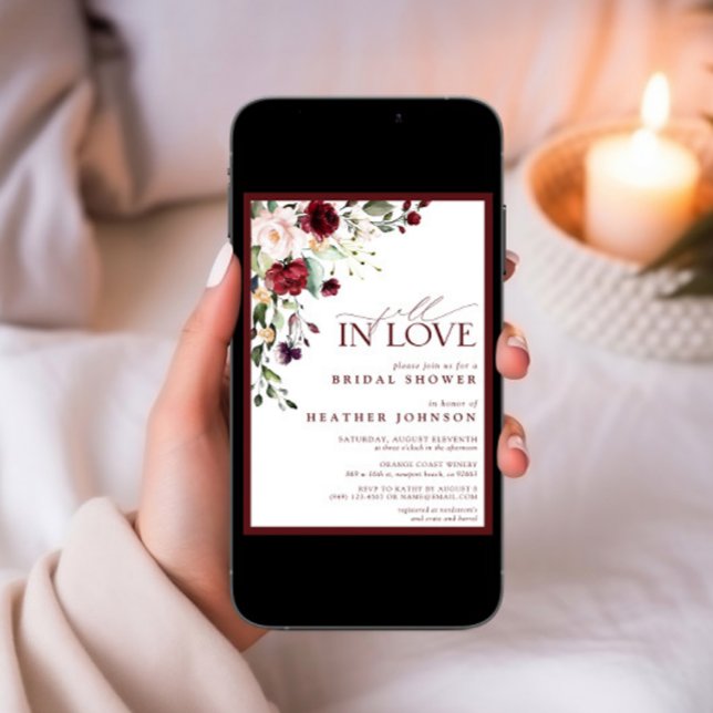 Fall in Love Burgundy Floral Bridal Shower Invitation (Creator Uploaded)