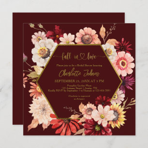 Fall In Love Burgundy Frame Floral Bridal Shower Invitation