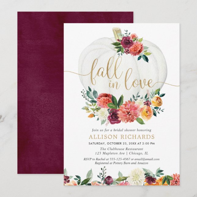 Fall in love burgundy gold floral white pumpkins invitation (Front/Back)