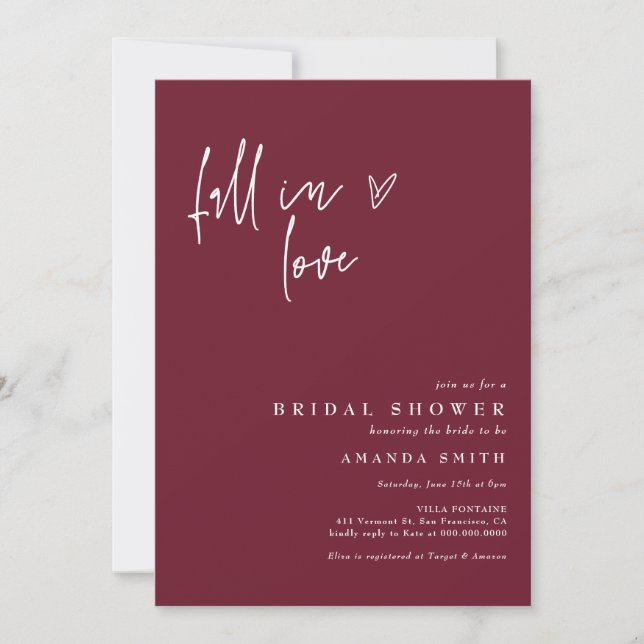 Fall In Love Burgundy Minimalist Bridal Shower Invitation (Front)