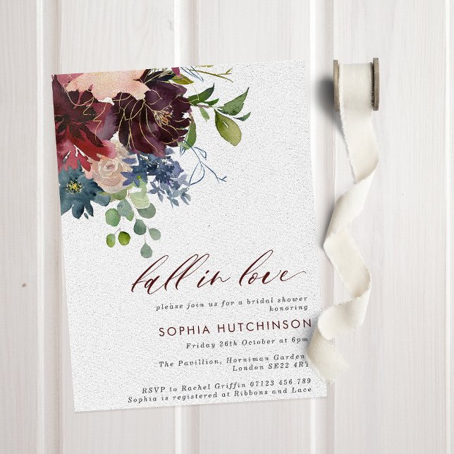 Fall in Love Burgundy & Navy Floral Bridal Shower Invitation (Creator Uploaded)