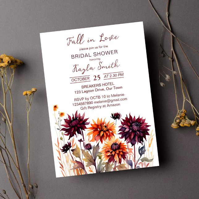 Fall in love burgundy orange dahlias bridal shower invitation (Fall in love bridal shower template invitations instant download burgundy and orange dahlias )