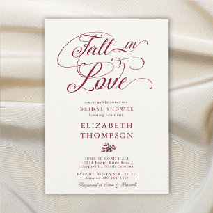 Fall in Love Burgundy Romantic Leaf Bridal Shower Invitation