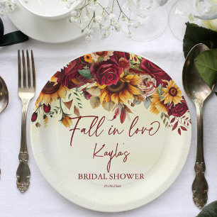 Fall in love burgundy sunflowers bridal shower paper plate