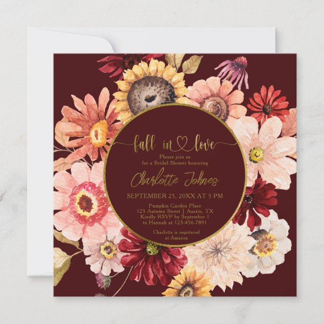 Fall In Love Burgundy Wreath Floral Bridal Shower Invitation (Front)