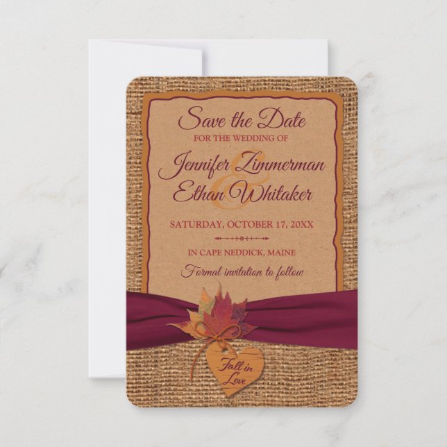 Fall in Love Burlap, Leaves Save the Date (small) (Front)
