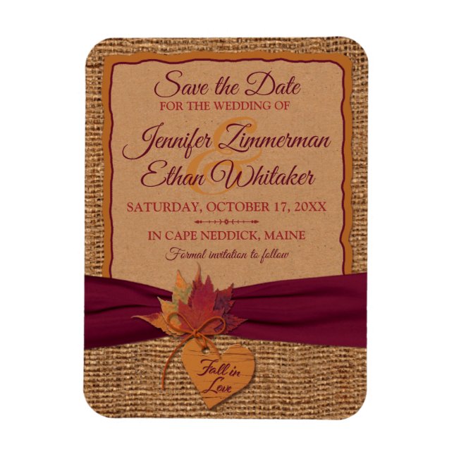 Fall in Love Burlap, Leaves Save the Date (small) Magnet (Vertical)