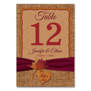 Fall in Love Burlap, Leaves Table Number Card