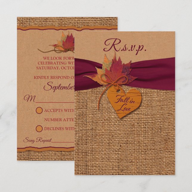 Fall in Love Burlap, Leaves Wedding RSVP Card (Front/Back)