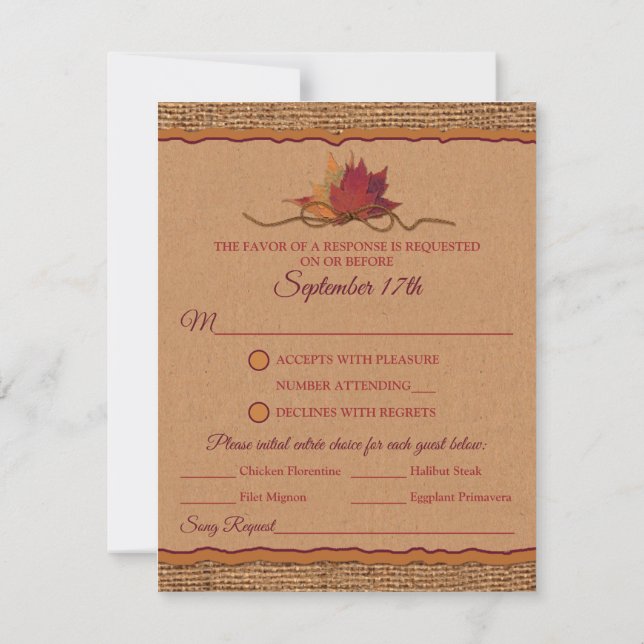 Fall in Love Burlap, Leaves Wedding RSVP with Meal (Back)
