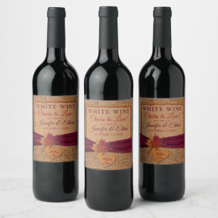 Fall in Love Burlap, Leaves Wedding Wine Label