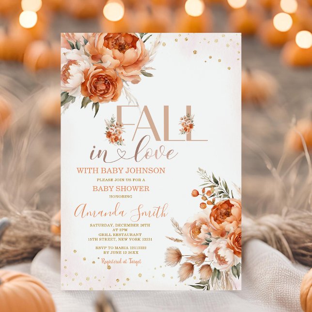 Fall In Love Burnt Orange Floral Baby Shower Invitation (Creator Uploaded)
