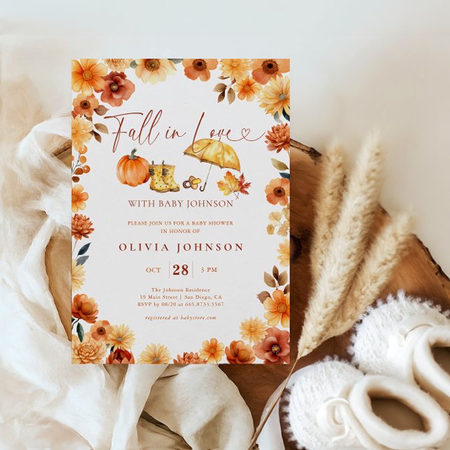 Fall in Love Burnt Orange Floral Baby Shower Invitation (Creator Uploaded)