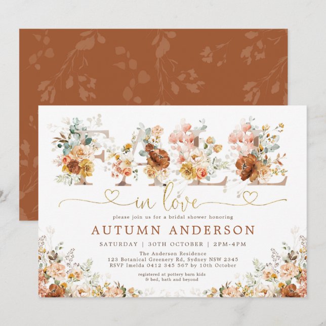 Fall in Love Burnt Orange Floral Bridal Shower Invitation (Front/Back)