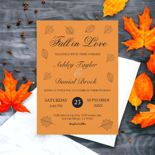 Fall in Love Burnt Orange Leaves Autumn Wedding Invitation