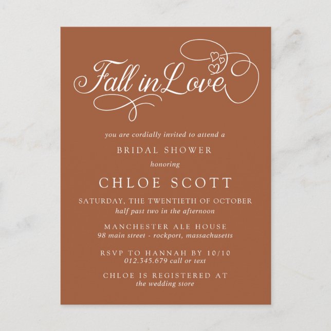 Fall in Love Calligraphy Terracotta Bridal Shower Postcard (Front)