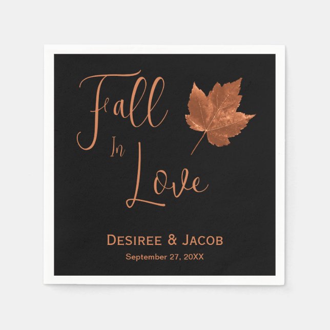 Fall In Love Copper Brown Black Rustic Maple Leaf Napkin (Front)