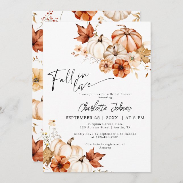 Fall In Love Cream Rust Pumpkin Bridal Shower Invitation (Front/Back)