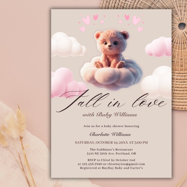 Fall In Love Cute Bear On A Cloud Girl Baby Shower Invitation (Fall In Love Cute Bear On A Cloud Baby Shower Invitation)