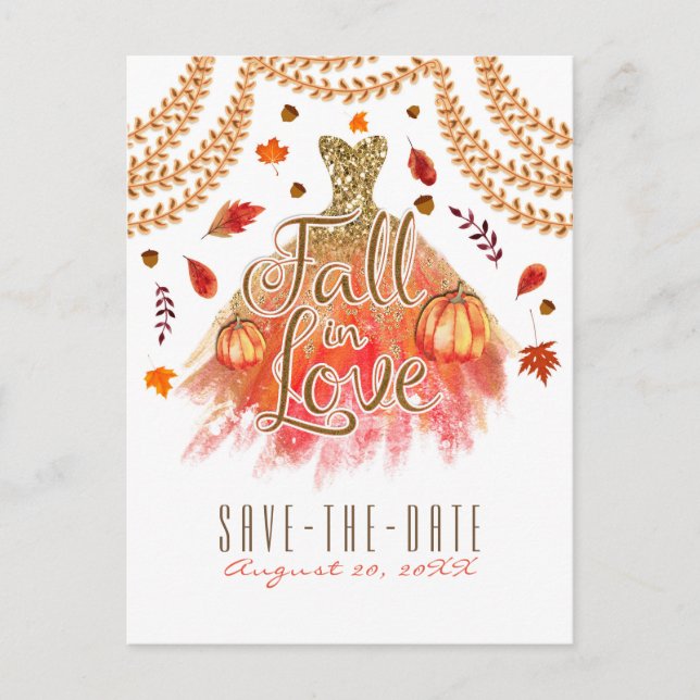 Fall in Love Dress Autumn Leaves Save the Date Announcement Postcard (Front)