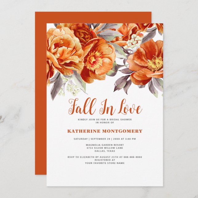 Fall In Love Elegant Floral Orange Bridal Shower Invitation (Front/Back)