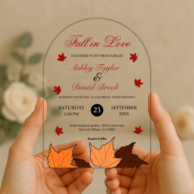 Fall in Love Elegant Romantic Leaves Fall Wedding Acrylic Invitations (Creator Uploaded)