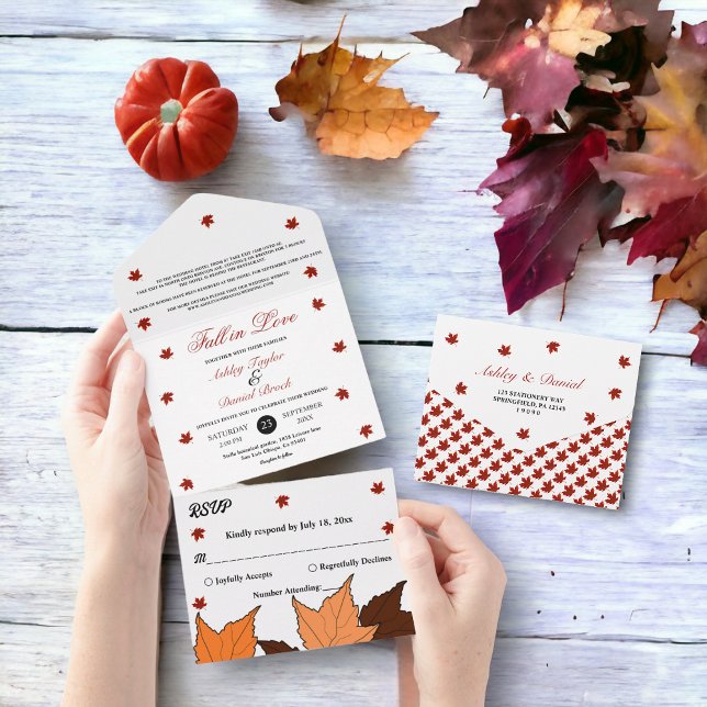 Fall in Love Elegant Romantic Leaves Fall Wedding All In One Invitation (Creator Uploaded)