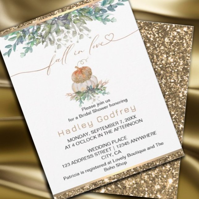 Fall in Love Elegant Wedding Gold Pumpkin  Invitation (#zazzlemade #goldpumpkin #whiteandgoldpumpkin #fallinlove #wedding #autumninvitation)