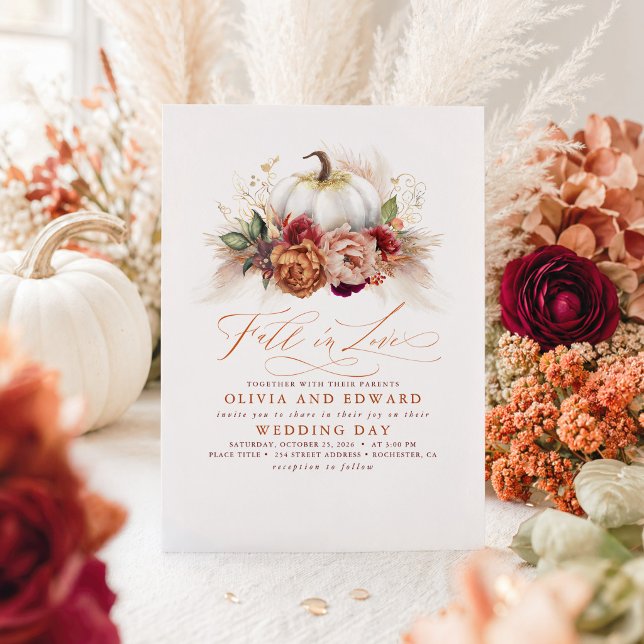 Fall in Love Elegant Wedding Rust Flowers Pumpkin Invitation (Boho Fall Wedding Invitation)
