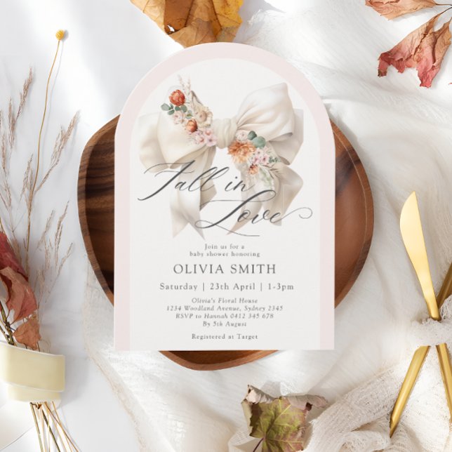 Fall in Love Elegant White Bow Floral Baby Shower Invitation (Creator Uploaded)